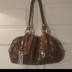 B. Makowsky Grey Metallic Shimmer Suede Satchel Shoulder Bag